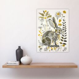 "Artery8 Bunny Rabbit Flowers Yellow Grey Bright Folk Art Wall Art Print - Size: W24"" x H32""" - thumbnail 4