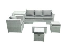 Fimous Garden Outdoor Furniture Set 6 Seater Rattan Sofa Set with 2 Small Footstools Armchair Side Table Light Grey Mixed - thumbnail 2