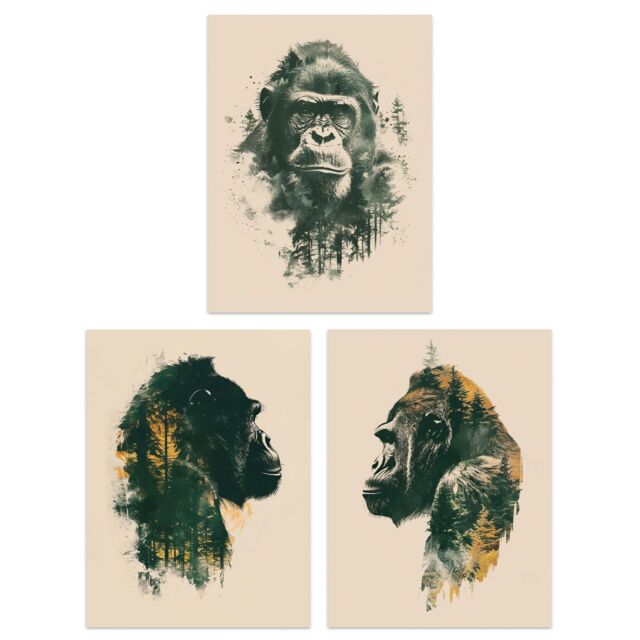 "Artery8 Set of 3 Double Exposure Gorilla Ape Forest 12X16"" Wall Art Prints in Green - Size: W12"" x H16""" - image 1