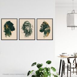 "Artery8 Set of 3 Double Exposure Gorilla Ape Forest 12X16"" Wall Art Prints in Green - Size: W12"" x H16""" - thumbnail 3