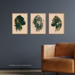 "Artery8 Set of 3 Double Exposure Gorilla Ape Forest 12X16"" Wall Art Prints in Green - Size: W12"" x H16""" - thumbnail 2