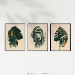 "Artery8 Set of 3 Double Exposure Gorilla Ape Forest 12X16"" Wall Art Prints in Green - Size: W12"" x H16""" - thumbnail 5