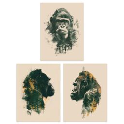 "Artery8 Set of 3 Double Exposure Gorilla Ape Forest 12X16"" Wall Art Prints in Green - Size: W12"" x H16""" - thumbnail 1