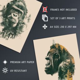 "Artery8 Set of 3 Double Exposure Gorilla Ape Forest 12X16"" Wall Art Prints in Green - Size: W12"" x H16""" - thumbnail 4
