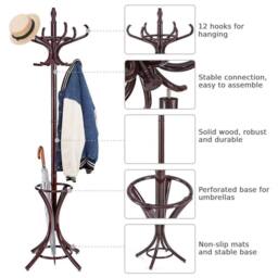 SPETLEK Wooden Coat Rack Hat Hanger Hallstand Umbrella Stand with 12 Hooks in Brown - thumbnail 7