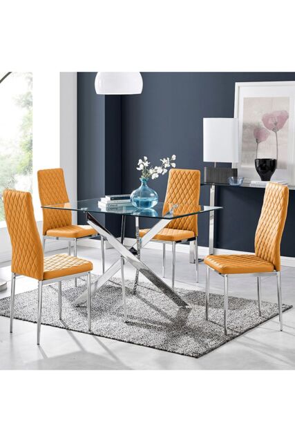 FurnitureboxUK Leonardo Glass & Chrome Metal Dining Table & 4 Milan Chairs Set in Mustard - image 1