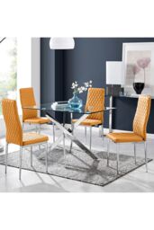 FurnitureboxUK Leonardo Glass & Chrome Metal Dining Table & 4 Milan Chairs Set in Mustard