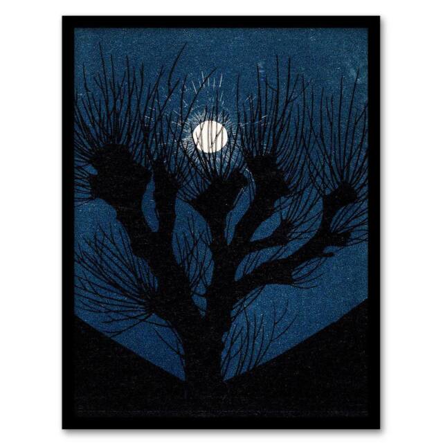 Artery8 Julie de Graag Framed Wall Art Full Moon Light & Tree Silhouette in Blue - Size: A4 - image 1