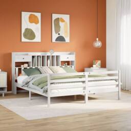 Berkfield Home Bookcase Bed Frame Wax Brown 150x200 cm King Size Solid Wood Pine in White - Size: Super King - thumbnail 1