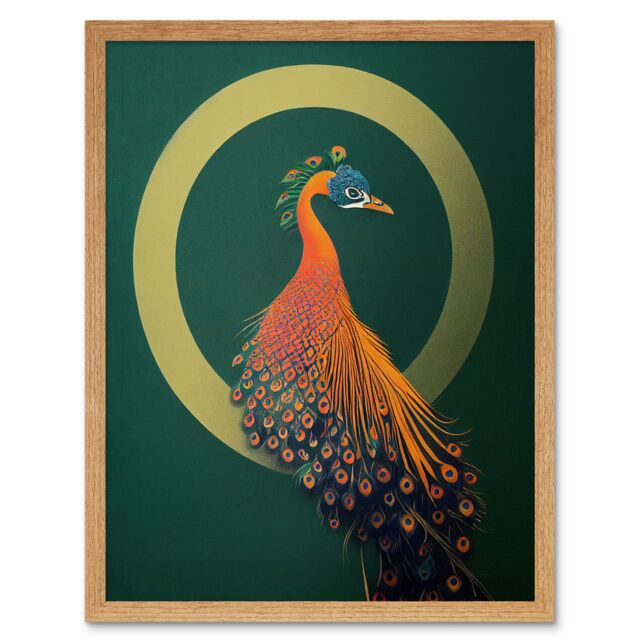 "Artery8 Wall Art Print Glamorous Stylish Chic Modern Peacock Green Gold Orange Art Framed in Light Oak - Size: W12"" x H16""" - image 1