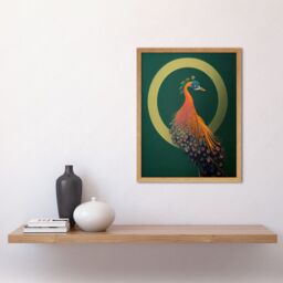 "Artery8 Wall Art Print Glamorous Stylish Chic Modern Peacock Green Gold Orange Art Framed in Light Oak - Size: W12"" x H16""" - thumbnail 2