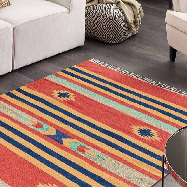 Wyld and Coco Kilim Handwoven Cotton Rug Multicolour Reversible Flat Weave Tassels - Size: 140 cm x 200 cm - image 1