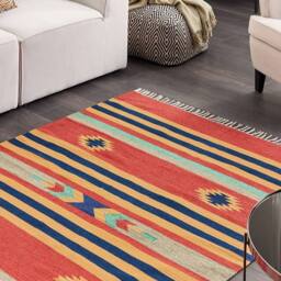 Wyld and Coco Kilim Handwoven Cotton Rug Multicolour Reversible Flat Weave Tassels - Size: 140 cm x 200 cm