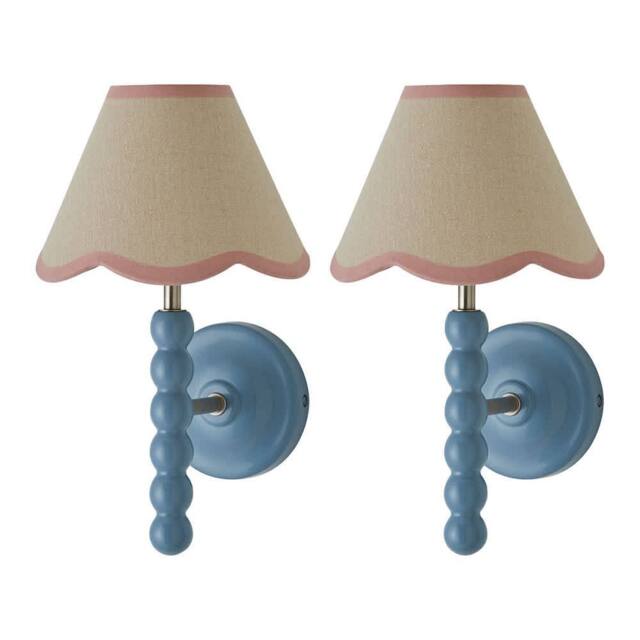 ValueLights Bobbins Pair Blue Bobble Wall Lights & Linen Pastel Trim Lamp Shades in Pale Pink - image 1