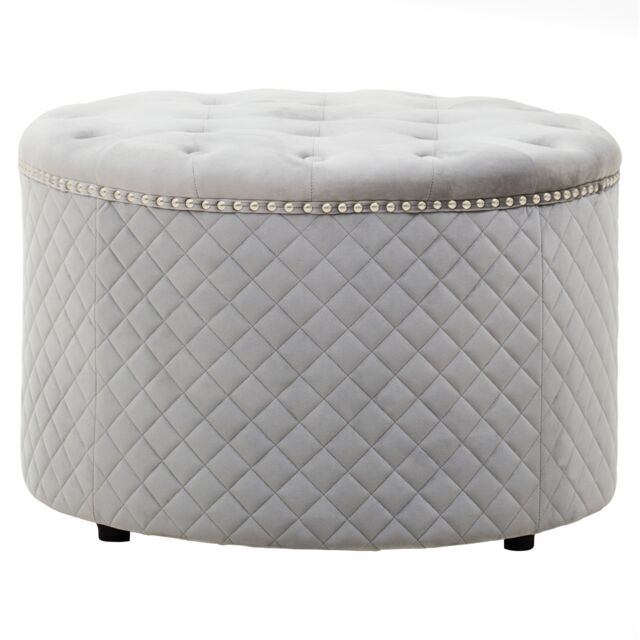 Orsina Round Black Velvet Ottoman, Luxurious Padded Footstool With Button Tufted Seat, Stud Detail Tufted Sides in Grey - image 1