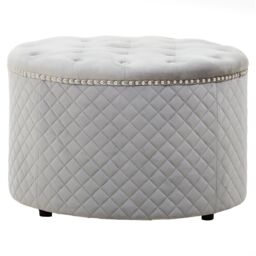 Orsina Round Black Velvet Ottoman, Luxurious Padded Footstool With Button Tufted Seat, Stud Detail Tufted Sides in Grey