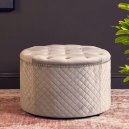 Orsina Round Black Velvet Ottoman, Luxurious Padded Footstool With Button Tufted Seat, Stud Detail Tufted Sides in Grey - thumbnail 6