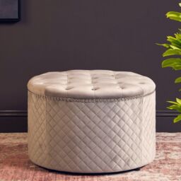 Orsina Round Black Velvet Ottoman, Luxurious Padded Footstool With Button Tufted Seat, Stud Detail Tufted Sides in Grey - thumbnail 7