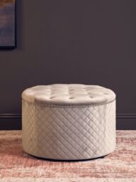 Orsina Round Black Velvet Ottoman, Luxurious Padded Footstool With Button Tufted Seat, Stud Detail Tufted Sides in Grey - thumbnail 3