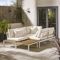 FurnitureboxUK Dubai 6 Seater Outdoor Corner Sofa with Wood-Effect Tables in Off-White - thumbnail 6