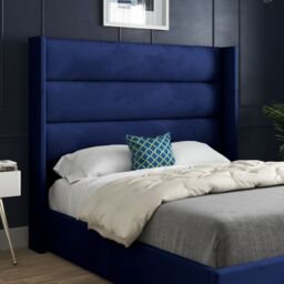 KDMD Nuno Straight Winged Upholstered Soft Velvet Blue Bed Frame - Size: Small Double - thumbnail 2