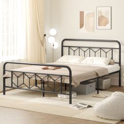 Gymax King Size Metal Bed Frame Platform Bed with High Headboard-Black in Black - thumbnail 3
