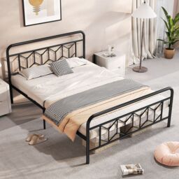 Gymax King Size Metal Bed Frame Platform Bed with High Headboard-Black in Black - thumbnail 9