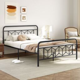 Gymax King Size Metal Bed Frame Platform Bed with High Headboard-Black in Black - thumbnail 8