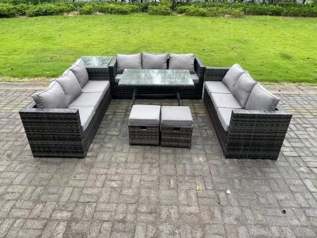 Fimous Rattan Outdoor Furniture Lounge Sofa Garden Dining Set with Dining Table Side Table 2 Small Footstools in Dark Grey - image 1