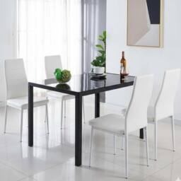 KOSY KOALA Black Glass Table with 4 White Faux Leather Chairs - Size: 120 cm x 70 cm - thumbnail 1