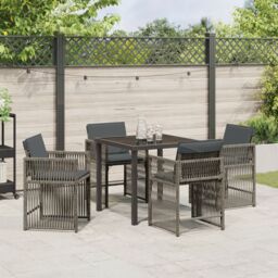 Berkfield Home 5 Piece Garden Dining Set with Cushions Grey Poly Rattan - thumbnail 4