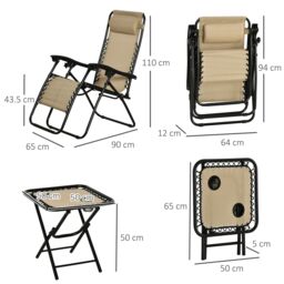 OUTSUNNY 3PC Zero Gravity Chairs Sun Lounger Table Set w/ Cup Holders in Beige - thumbnail 3
