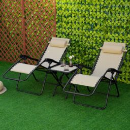 OUTSUNNY 3PC Zero Gravity Chairs Sun Lounger Table Set w/ Cup Holders in Beige