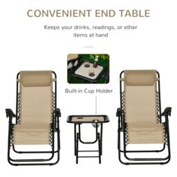 OUTSUNNY 3PC Zero Gravity Chairs Sun Lounger Table Set w/ Cup Holders in Beige - thumbnail 5