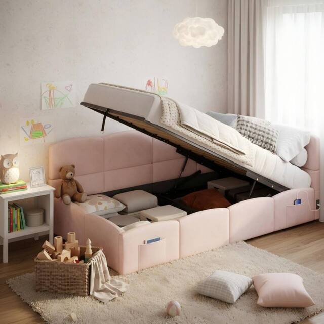 ModernLuxe Velvet single sofa bed with hydraulic storage, L-shaped headboard in Pink - image 1