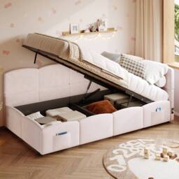 ModernLuxe Velvet single sofa bed with hydraulic storage, L-shaped headboard in Pink - thumbnail 4