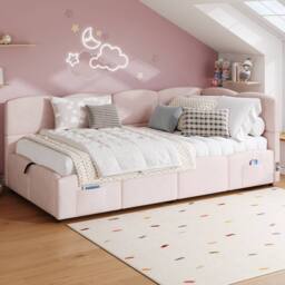 ModernLuxe Velvet single sofa bed with hydraulic storage, L-shaped headboard in Pink - thumbnail 3