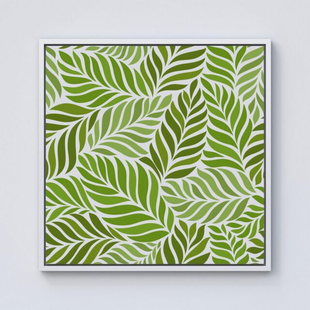 "Warren Reed - Designer Green Leaf Pattern Framed Canvas in Off-White - Size: W16"" x H16""" - image 1