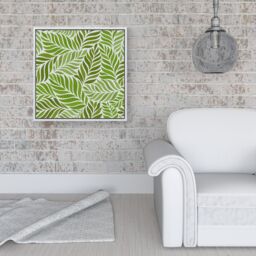 "Warren Reed - Designer Green Leaf Pattern Framed Canvas in Off-White - Size: W16"" x H16""" - thumbnail 2