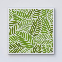 "Warren Reed - Designer Green Leaf Pattern Framed Canvas in Off-White - Size: W16"" x H16""" - thumbnail 1