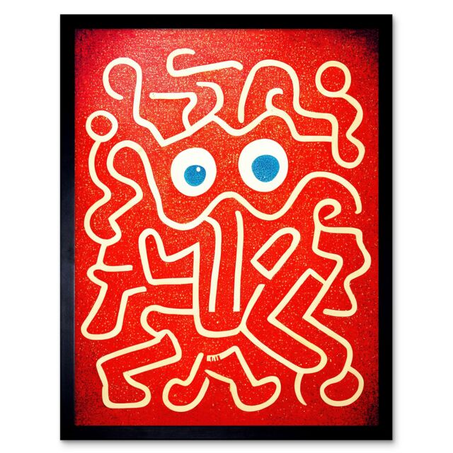 "Artery8 Wall Art Print Line Drawing On Red With Googly Eyes Art Framed in Black - Size: W12"" x H16""" - image 1