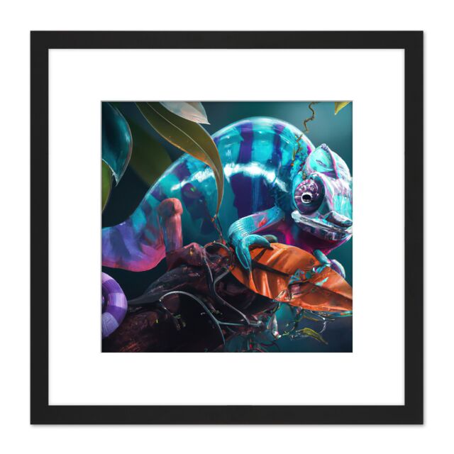 Artery8 Blue Chameleon Lizard Reptile Portrait Painting Square Wooden Framed Wall Art Print Picture 8X8 Inch in Black - image 1