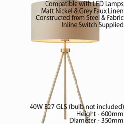 Loops Modern Tripod Table Lamp Nickel & Grey Shade Slim Metal Leg Bedside Desk Light in Metallics - thumbnail 2