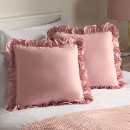 OHS 2 x Plain Faux Linen Frill Cushion Covers in Pink - Size: 45 cm x 45 cm