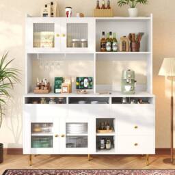 STILVORA Sideboard 145cm with glass doors & wine rack in White - thumbnail 2