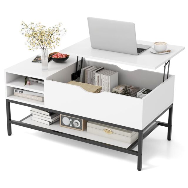 Gymax Lift Top Coffee Table Center Table With Open Compartment Removable Shelf in White - image 1