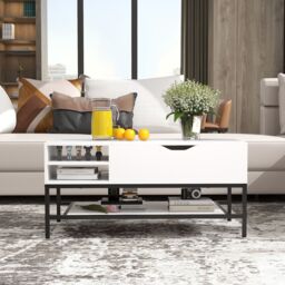Gymax Lift Top Coffee Table Center Table With Open Compartment Removable Shelf in White - thumbnail 4