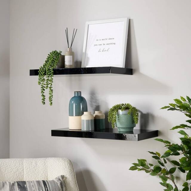 Home Source Pair of 60cm Floating Storage Shelf Wall Mounted Wooden Book Shelves in Black - image 1