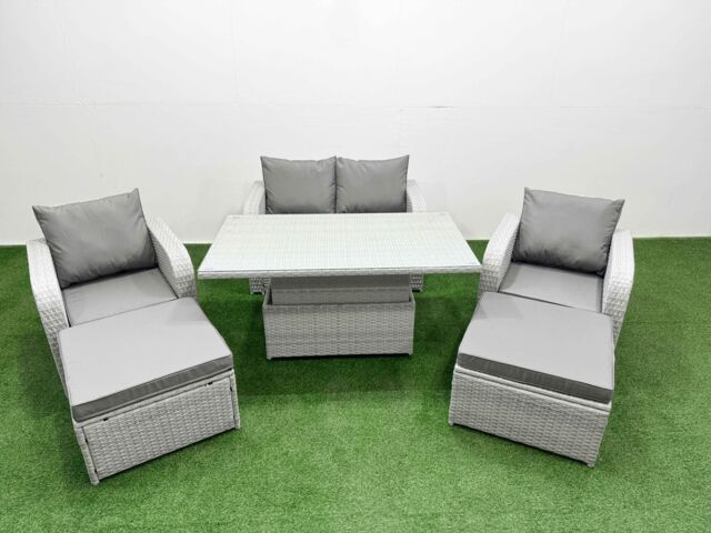 Fimous Light Grey PE Wicker Rattan Garden Furniture Set Sofa Set Reclining Chair Adjustable Lifting Dining or Coffee Table 6 Seater 2 Big Stools - image 1