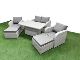 Fimous Light Grey PE Wicker Rattan Garden Furniture Set Sofa Set Reclining Chair Adjustable Lifting Dining or Coffee Table 6 Seater 2 Big Stools - thumbnail 2